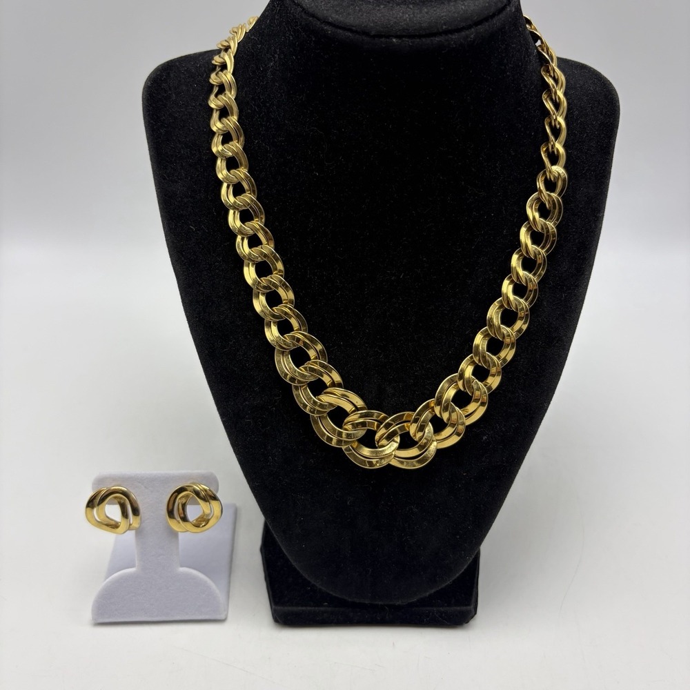 Vtg Monet Gold Tone Double Curb Link Chain Necklace Statement Earrings Capsule